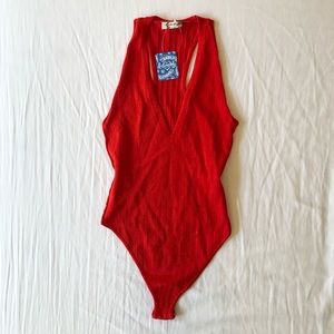 Free People Deep Plunge Red Bodysuit